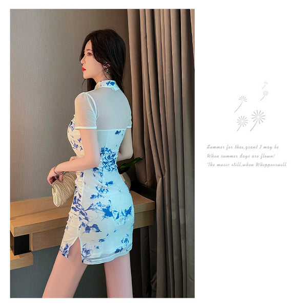 Sexy Temperament Fashionable Cheongsam Collar Style Backless Side Slit Dye Floral Printed Short Skirt Evening Vintage Dress