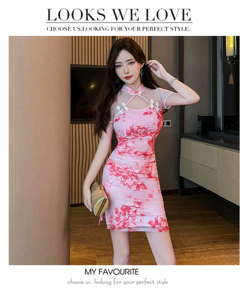 Sexy Temperament Fashionable Cheongsam Collar Style Backless Side Slit Dye Floral Printed Short Skirt Evening Vintage Dress