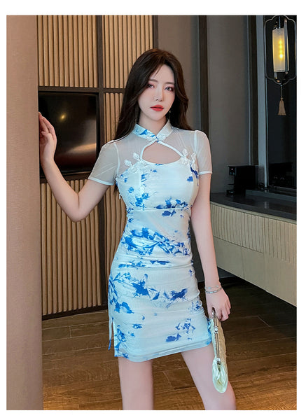 Sexy Temperament Fashionable Cheongsam Collar Style Backless Side Slit Dye Floral Printed Short Skirt Evening Vintage Dress