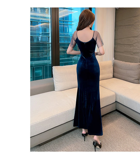 Elegant Sexy Women See Through Deep V Neck Rhinestone  Robe Velvet High Side Split Bodycon Fishtail Evening Long Dress