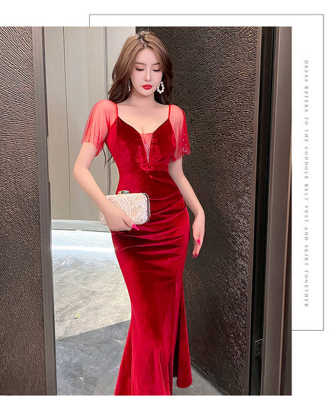 Elegant Sexy Women See Through Deep V Neck Rhinestone  Robe Velvet High Side Split Bodycon Fishtail Evening Long Dress