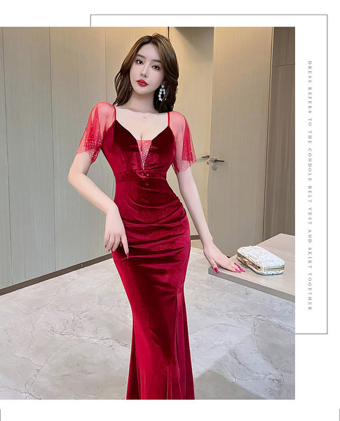 Elegant Sexy Women See Through Deep V Neck Rhinestone  Robe Velvet High Side Split Bodycon Fishtail Evening Long Dress
