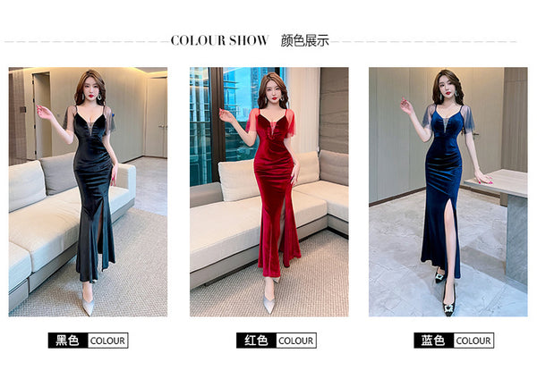Elegant Sexy Women See Through Deep V Neck Rhinestone  Robe Velvet High Side Split Bodycon Fishtail Evening Long Dress