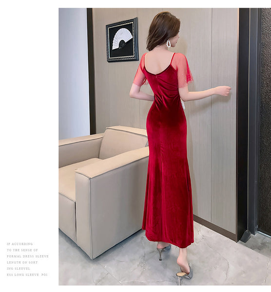 Elegant Sexy Women See Through Deep V Neck Rhinestone  Robe Velvet High Side Split Bodycon Fishtail Evening Long Dress