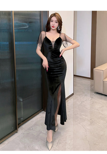 Elegant Sexy Women See Through Deep V Neck Rhinestone  Robe Velvet High Side Split Bodycon Fishtail Evening Long Dress