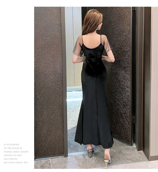 Elegant Sexy Women See Through Deep V Neck Rhinestone  Robe Velvet High Side Split Bodycon Fishtail Evening Long Dress