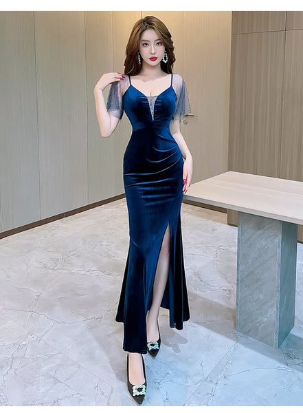 Elegant Sexy Women See Through Deep V Neck Rhinestone  Robe Velvet High Side Split Bodycon Fishtail Evening Long Dress