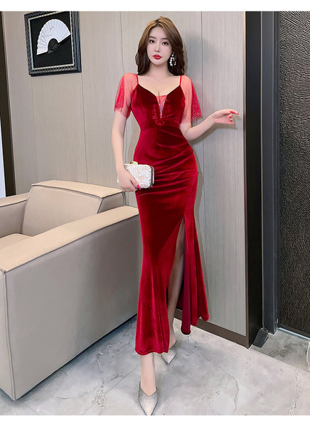 Elegant Sexy Women See Through Deep V Neck Rhinestone  Robe Velvet High Side Split Bodycon Fishtail Evening Long Dress
