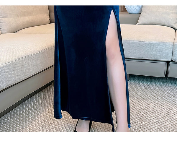 Elegant Sexy Women See Through Deep V Neck Rhinestone  Robe Velvet High Side Split Bodycon Fishtail Evening Long Dress