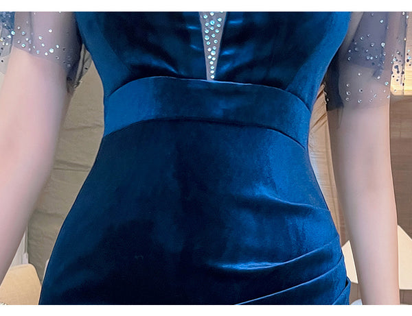 Elegant Sexy Women See Through Deep V Neck Rhinestone  Robe Velvet High Side Split Bodycon Fishtail Evening Long Dress