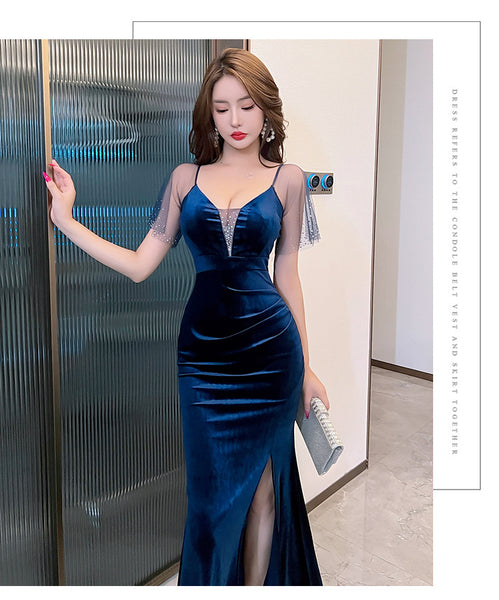 Elegant Sexy Women See Through Deep V Neck Rhinestone  Robe Velvet High Side Split Bodycon Fishtail Evening Long Dress