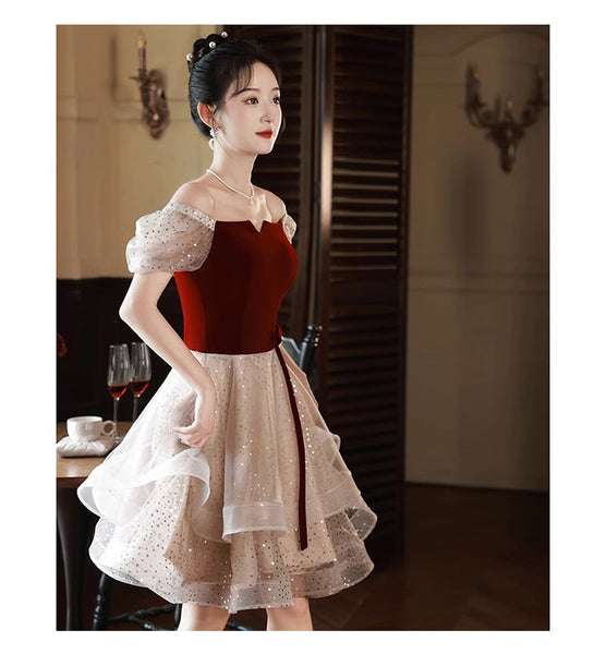 Luxury Beautiful Short Sleeve Square Neck Ruffle Velvet Front Mesh A-Line Cocktail Evening Asymmetric Dress