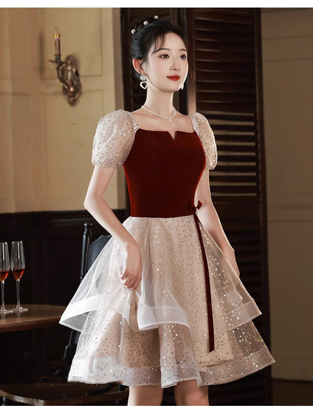Luxury Beautiful Short Sleeve Square Neck Ruffle Velvet Front Mesh A-Line Cocktail Evening Asymmetric Dress