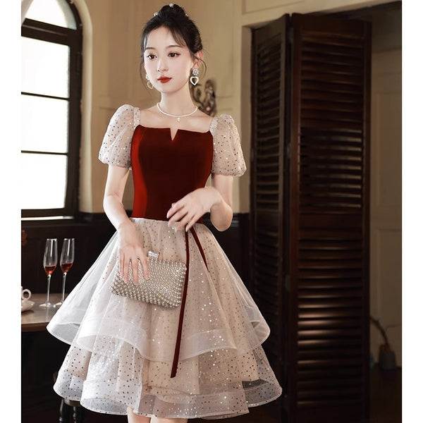 Luxury Beautiful Short Sleeve Square Neck Ruffle Velvet Front Mesh A-Line Cocktail Evening Asymmetric Dress