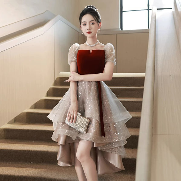 Luxury Beautiful Short Sleeve Square Neck Ruffle Velvet Front Mesh A-Line Cocktail Evening Asymmetric Dress
