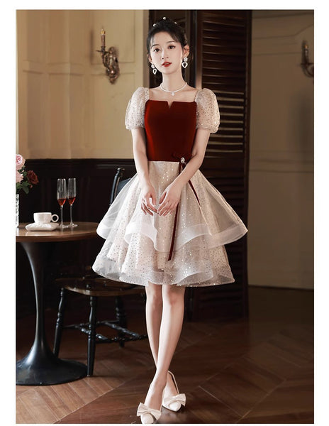 Luxury Beautiful Short Sleeve Square Neck Ruffle Velvet Front Mesh A-Line Cocktail Evening Asymmetric Dress