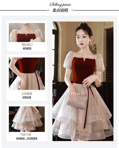 Luxury Beautiful Short Sleeve Square Neck Ruffle Velvet Front Mesh A-Line Cocktail Evening Asymmetric Dress