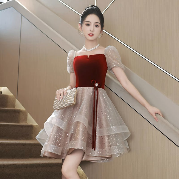 Luxury Beautiful Short Sleeve Square Neck Ruffle Velvet Front Mesh A-Line Cocktail Evening Asymmetric Dress