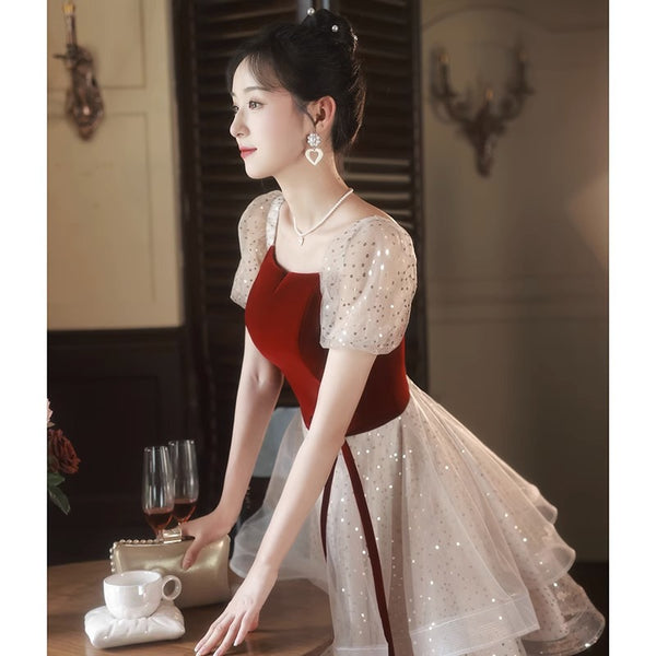 Luxury Beautiful Short Sleeve Square Neck Ruffle Velvet Front Mesh A-Line Cocktail Evening Asymmetric Dress