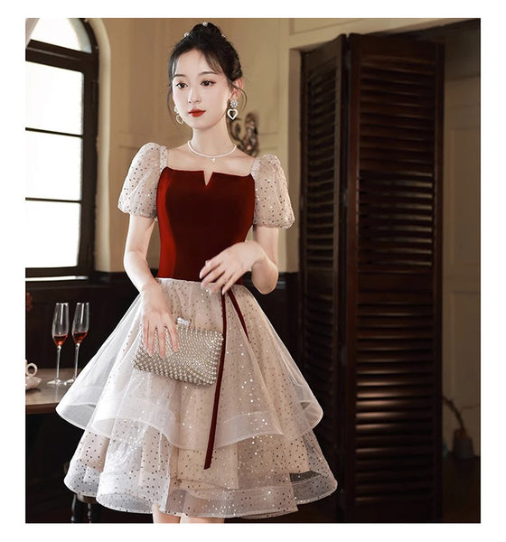 Luxury Beautiful Short Sleeve Square Neck Ruffle Velvet Front Mesh A-Line Cocktail Evening Asymmetric Dress