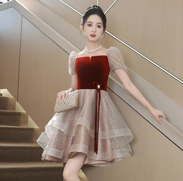 Luxury Beautiful Short Sleeve Square Neck Ruffle Velvet Front Mesh A-Line Cocktail Evening Asymmetric Dress