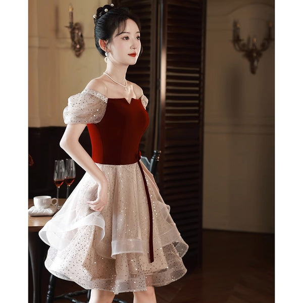 Luxury Beautiful Short Sleeve Square Neck Ruffle Velvet Front Mesh A-Line Cocktail Evening Asymmetric Dress