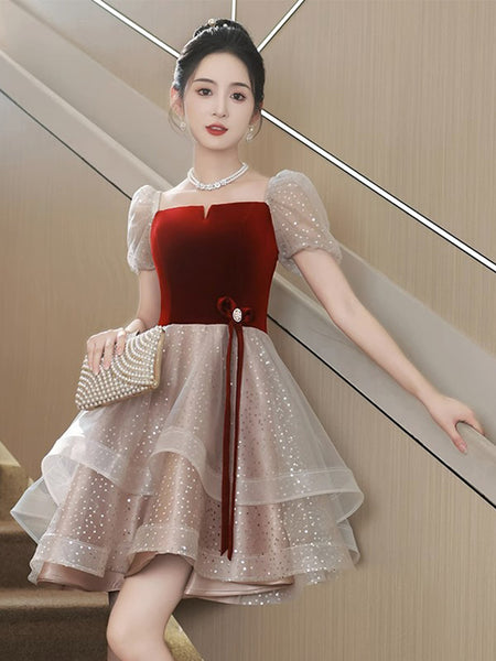 Luxury Beautiful Short Sleeve Square Neck Ruffle Velvet Front Mesh A-Line Cocktail Evening Asymmetric Dress