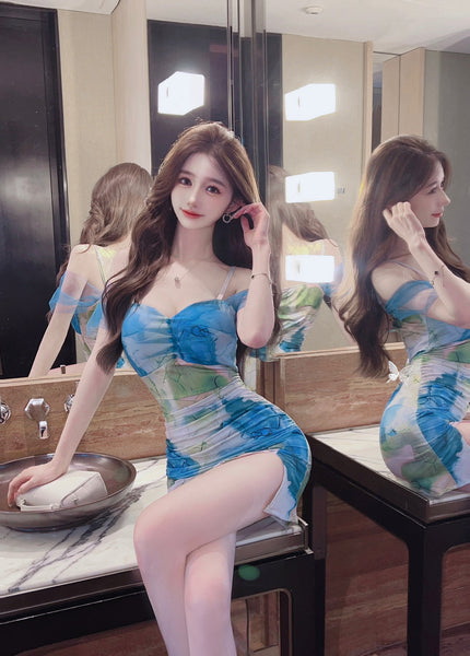 Temperament Mesh Tie Dye Printed High Waist Off Shoulder Sling Ruched Slit Zipper Mini Short Bodycon Wrap Dress