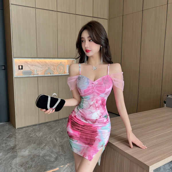 Temperament Mesh Tie Dye Printed High Waist Off Shoulder Sling Ruched Slit Zipper Mini Short Bodycon Wrap Dress