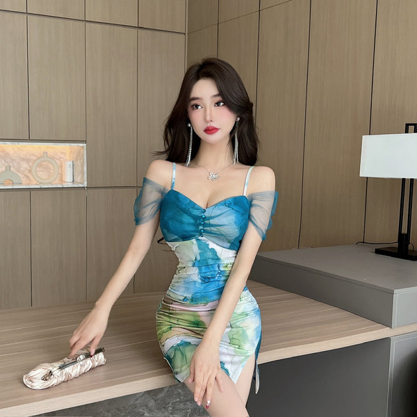 Temperament Mesh Tie Dye Printed High Waist Off Shoulder Sling Ruched Slit Zipper Mini Short Bodycon Wrap Dress