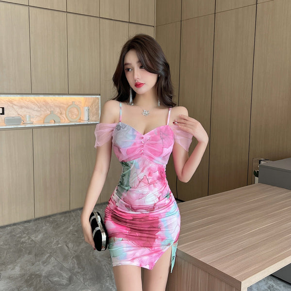 Temperament Mesh Tie Dye Printed High Waist Off Shoulder Sling Ruched Slit Zipper Mini Short Bodycon Wrap Dress