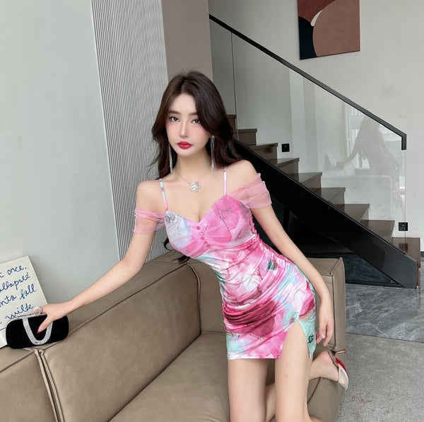 Temperament Mesh Tie Dye Printed High Waist Off Shoulder Sling Ruched Slit Zipper Mini Short Bodycon Wrap Dress