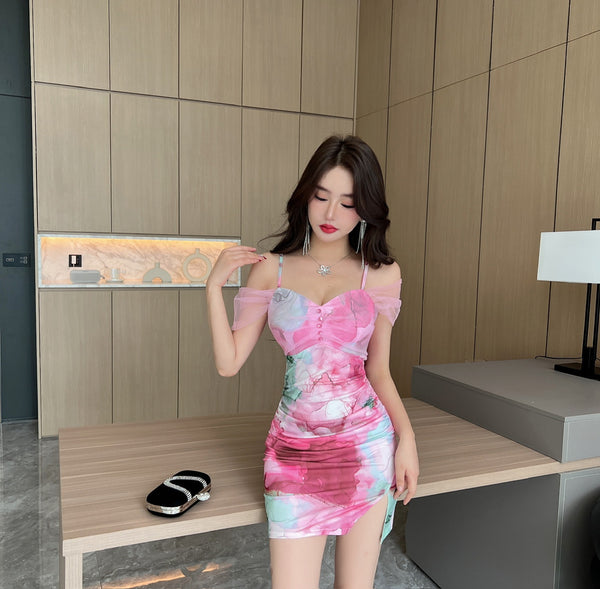 Temperament Mesh Tie Dye Printed High Waist Off Shoulder Sling Ruched Slit Zipper Mini Short Bodycon Wrap Dress