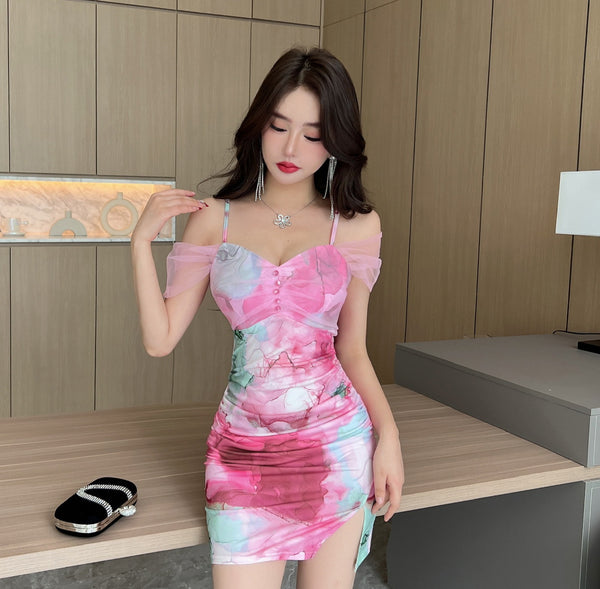 Temperament Mesh Tie Dye Printed High Waist Off Shoulder Sling Ruched Slit Zipper Mini Short Bodycon Wrap Dress