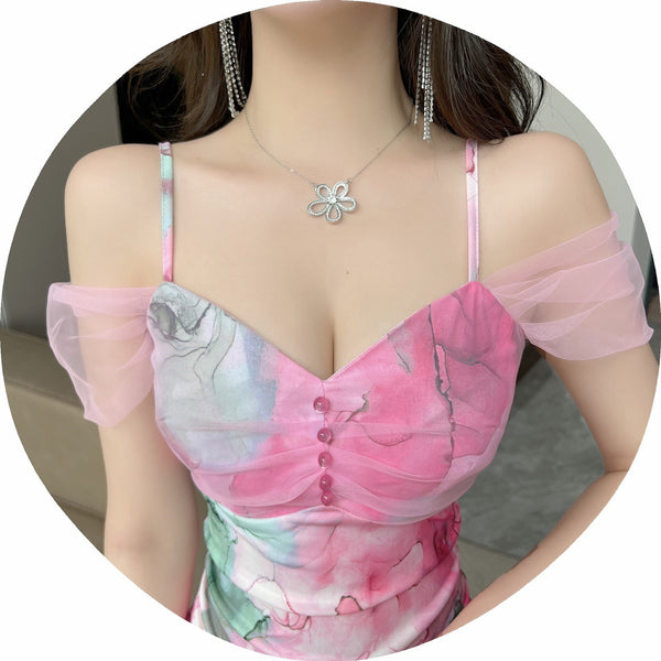 Temperament Mesh Tie Dye Printed High Waist Off Shoulder Sling Ruched Slit Zipper Mini Short Bodycon Wrap Dress