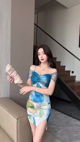 Temperament Mesh Tie Dye Printed High Waist Off Shoulder Sling Ruched Slit Zipper Mini Short Bodycon Wrap Dress