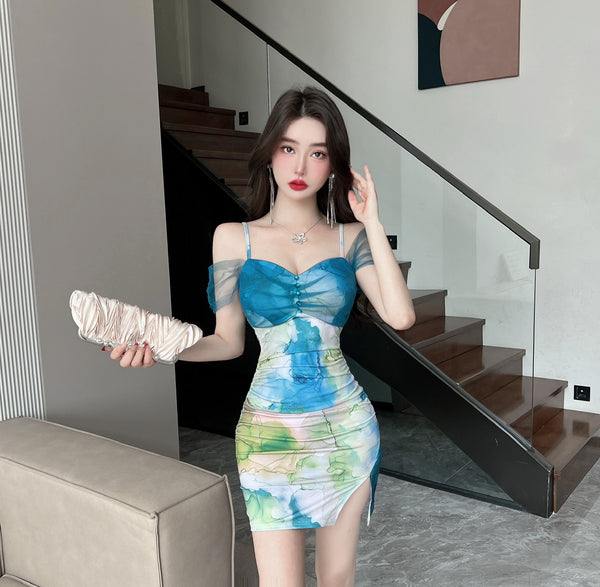 Temperament Mesh Tie Dye Printed High Waist Off Shoulder Sling Ruched Slit Zipper Mini Short Bodycon Wrap Dress