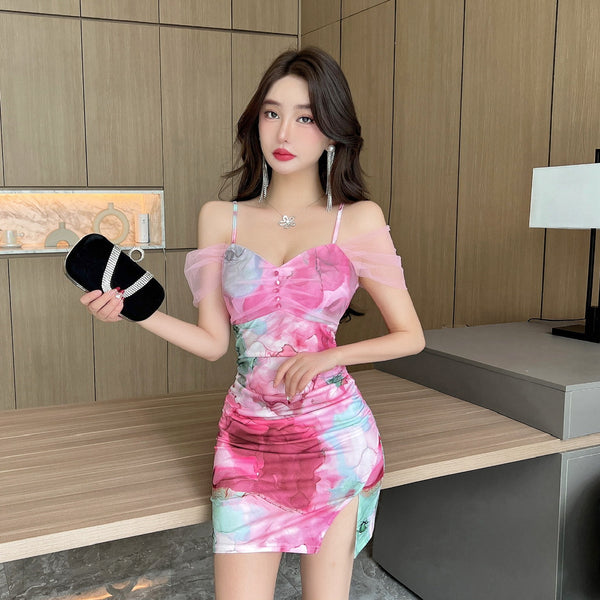 Temperament Mesh Tie Dye Printed High Waist Off Shoulder Sling Ruched Slit Zipper Mini Short Bodycon Wrap Dress