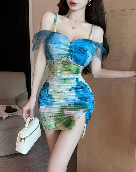 Temperament Mesh Tie Dye Printed High Waist Off Shoulder Sling Ruched Slit Zipper Mini Short Bodycon Wrap Dress