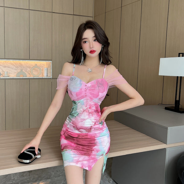 Temperament Mesh Tie Dye Printed High Waist Off Shoulder Sling Ruched Slit Zipper Mini Short Bodycon Wrap Dress