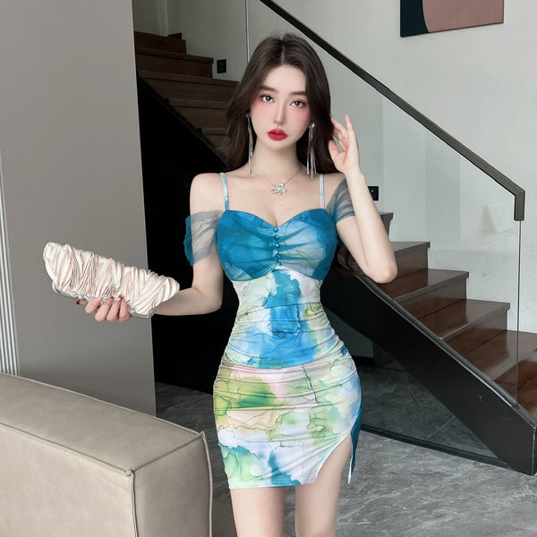 Temperament Mesh Tie Dye Printed High Waist Off Shoulder Sling Ruched Slit Zipper Mini Short Bodycon Wrap Dress