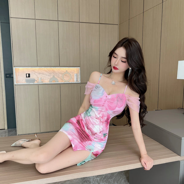 Temperament Mesh Tie Dye Printed High Waist Off Shoulder Sling Ruched Slit Zipper Mini Short Bodycon Wrap Dress