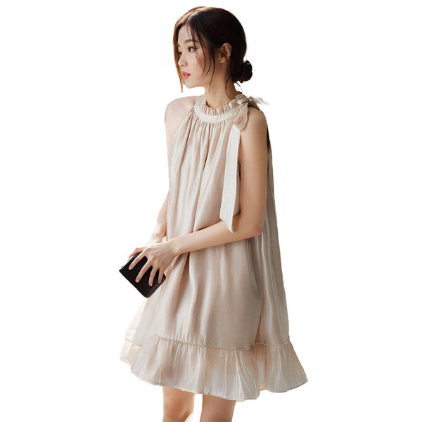 Luxury Temperament Off Shoulder Ruffled Halterneck Flared Embellished Round Neck Loose Fit Mid-length Dress