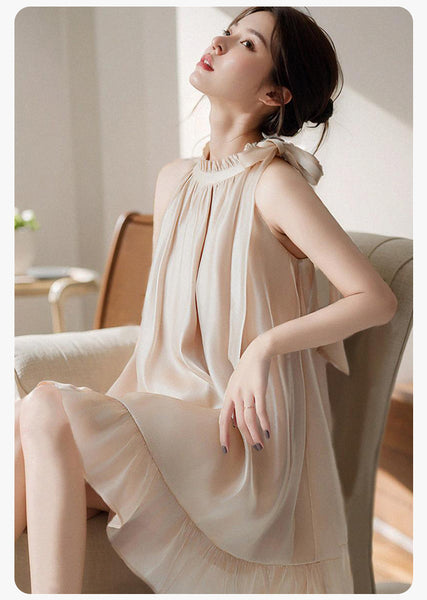 Luxury Temperament Off Shoulder Ruffled Halterneck Flared Embellished Round Neck Loose Fit Mid-length Dress