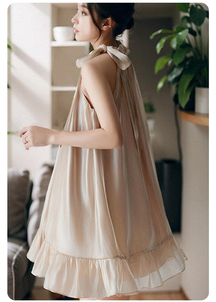Luxury Temperament Off Shoulder Ruffled Halterneck Flared Embellished Round Neck Loose Fit Mid-length Dress