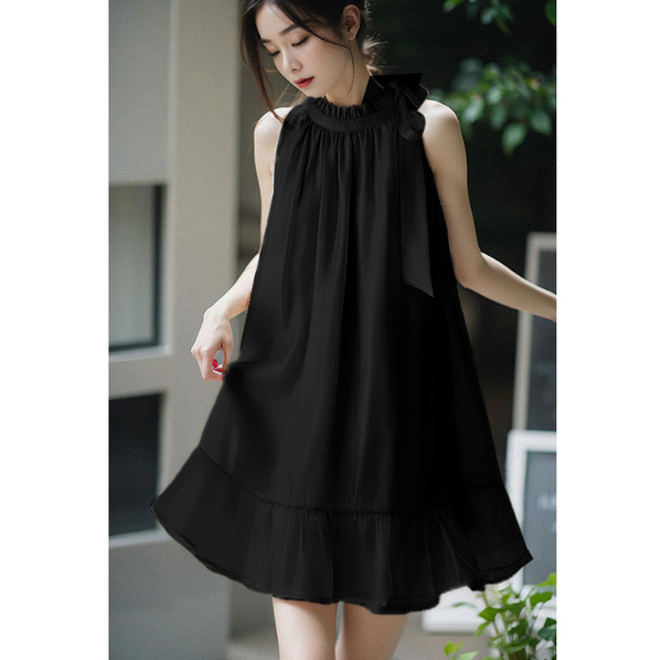 Luxury Temperament Off Shoulder Ruffled Halterneck Flared Embellished Round Neck Loose Fit Mid-length Dress