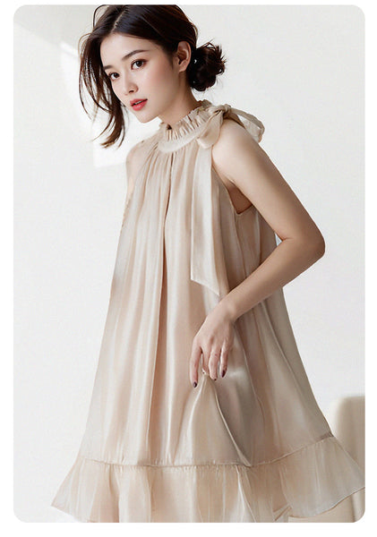 Luxury Temperament Off Shoulder Ruffled Halterneck Flared Embellished Round Neck Loose Fit Mid-length Dress