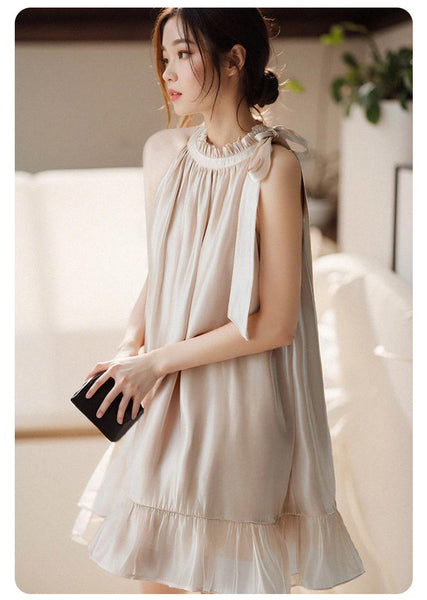 Luxury Temperament Off Shoulder Ruffled Halterneck Flared Embellished Round Neck Loose Fit Mid-length Dress