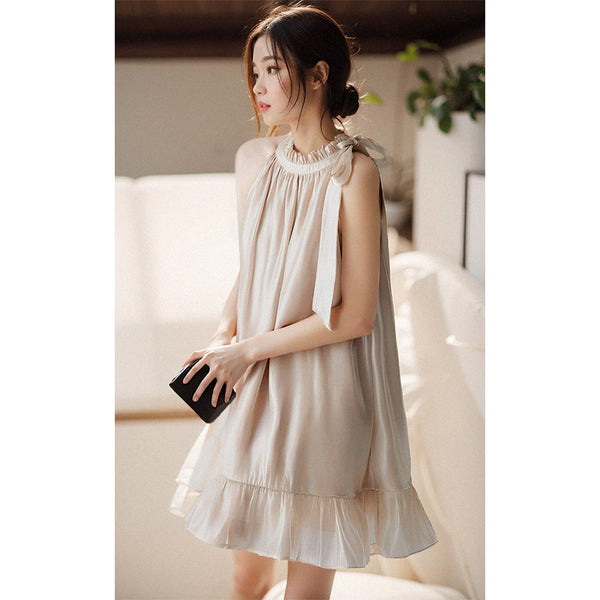 Luxury Temperament Off Shoulder Ruffled Halterneck Flared Embellished Round Neck Loose Fit Mid-length Dress