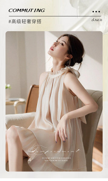 Luxury Temperament Off Shoulder Ruffled Halterneck Flared Embellished Round Neck Loose Fit Mid-length Dress